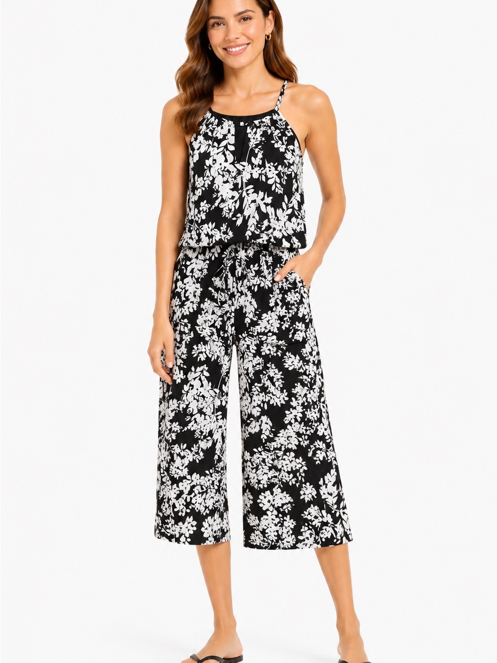 London Times Black & White Floral Spaghetti-Strap Jumpsuit